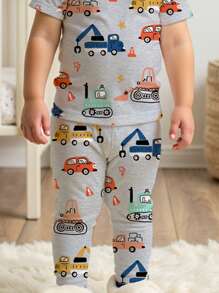 SHEIN Cute Grey Baby Boy Car Pattern Homewear,Summer Family Matching Casual Round Neck Short Sleeve & Pants Snug Fit Comfortable Toddler Boys Clothes Set - Multicolor - View 4