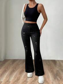 SHEIN LUNE Pantalon évasé avec ceinture à paillettes pour femme - Noir - Voir 7