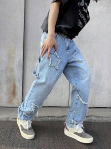 Manfinity EMRG Men's Casual Straight Leg Jeans With Pocket Star Frayed Detail - Light Wash - View 1