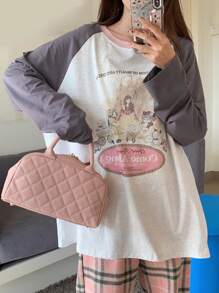 DAZY 女式卡通印花拼色插肩袖T恤长袖女式上衣 - 彩色 - 查看 8