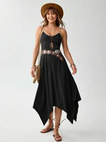 SHEIN LUNE 夏季黑色细肩带连衣裙，休闲乡村音乐节宽松不对称风格 - 黑色 - 查看 2