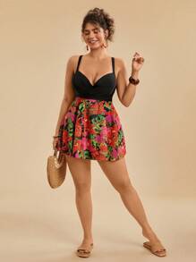 Travachic Plus Size Tropical Print Beach Dress, Pineapple&Flower Pattern Splicing Sleeveless Dress & Black Swimwear Set, Summer - Multicolor - View 3