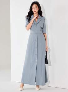 Heiryn Women's Solid Color Lapel Neck Casual Dress With Single Breasted Button