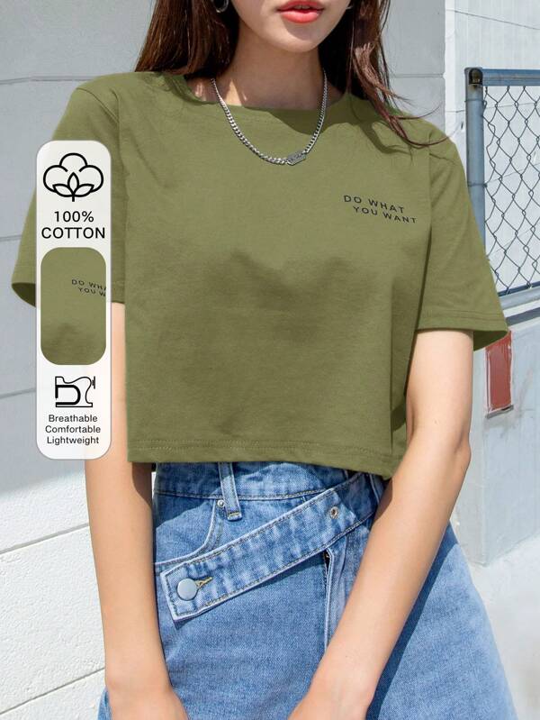 DAZY Camiseta de cuello redondo con gráfico de eslogan "HAGO LO QUE QUIERO" de verano, top corto para mujeres