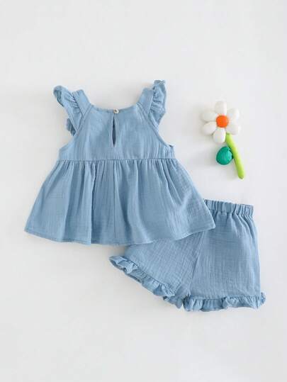 Cozy Pixies Baby Girl Floral Embellished Round Neck Cap Sleeve Top & Elastic Waist Shorts 2 Pieces Set
