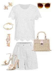 Ellevyn 女士圆领烂花刺绣短袖休闲衬衫 - 白色 - 查看 1