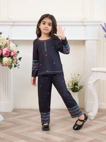 2pcs/Set Little Girls Minimalist Pattern Long Sleeve Top And Pants Set, Black Background - Black - View 1
