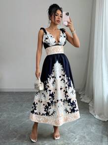 Chiquease Women's Vacation Beach Deep V Halter Tie Neck Backless Retro Print Dress