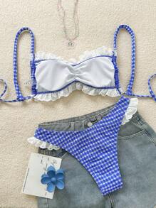 Swim Mod Blue Plaid Ruffled Spaghetti Strap Cute Swimwear Set For Women, Summer Beach Outfit - Blue - View 2