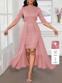 SHEIN Lady 秋冬圣诞派对礼服优雅蓝色蕾丝圆领不对称飘逸 - 粉色 - 查看 7