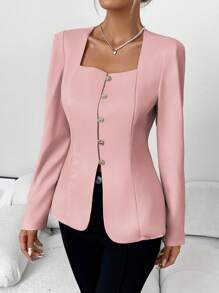 SHEIN Clasi Women's Elegant Solid Color Casual/Office Trapezium Collar Long Sleeve Shirt With Metal Buttons, A-Line Cut, Apricot Color, Spring/Autumn/Winter - Pink - View 6