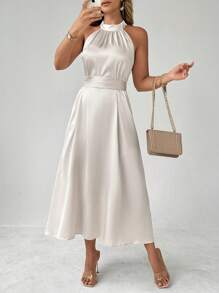 Celure Plus Size Women's Dress, Elegant Satin Fabric With Comfortable & Skin-Friendly Bestselling Material, Solid Color, Small Stand Collar Waist Tied Belt Slimming And Elongating, Bowknot Decoration At Back Waist, Sleeveless, Simple & Fashionable For Party, Suitable For New Year's Day Daily Commute, Shopping And Entertainment, Wedding And Banquet, Comfortable Fabric, High Cost-Performance