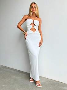 Aloruh Vestidos de mujer con hombros descubiertos, decoración de metal hueco con abertura, vestidos de primavera, vestidos de graduación, vestidos de Pascua, vestidos de playa, vestidos blancos, vestidos largos