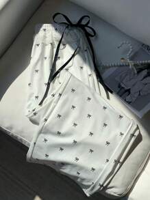 Comfortcana Women's Summer Contrast Lace Bow Decor Wide Leg Casual Sweatpants Graduation,Back To School Outfits,Graduation,Teacher Outfits For Women,Back To School - White - View 3