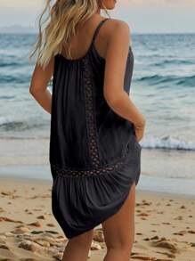 Swim Vcay Women Springbreak Beach Ruffle Hem Spaghetti Strap Cover Up Dress - Black - View 4