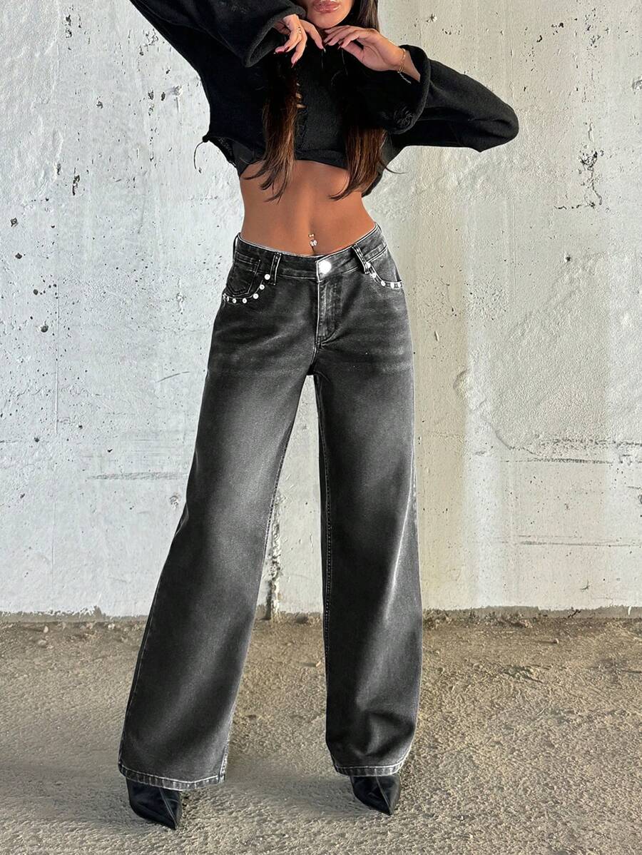 EURMUSE WOMEN WIDE LEG LOW WAIST JEANS - Light Grey - View 1