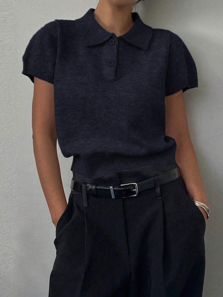 Women's Solid Color Fitted Short Sleeve Polo Neck Casual Knitted Top, Spring & Summer,Fall Clothes