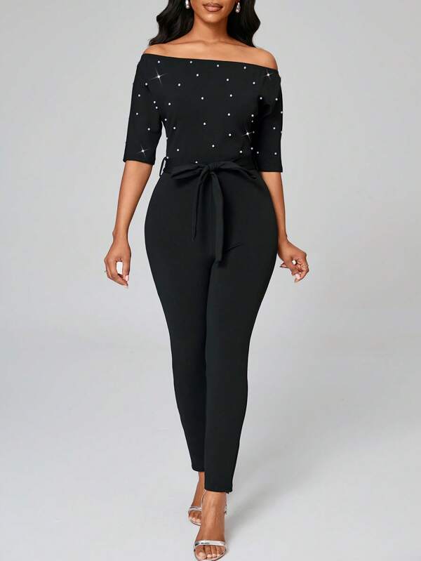 Lyxana Women's Casual Elegant Off-Shoulder Jumpsuit, Suitable For Commuting