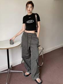 DAZY Letter Graphic Crop Tee Y2k Festival - Black - View 6