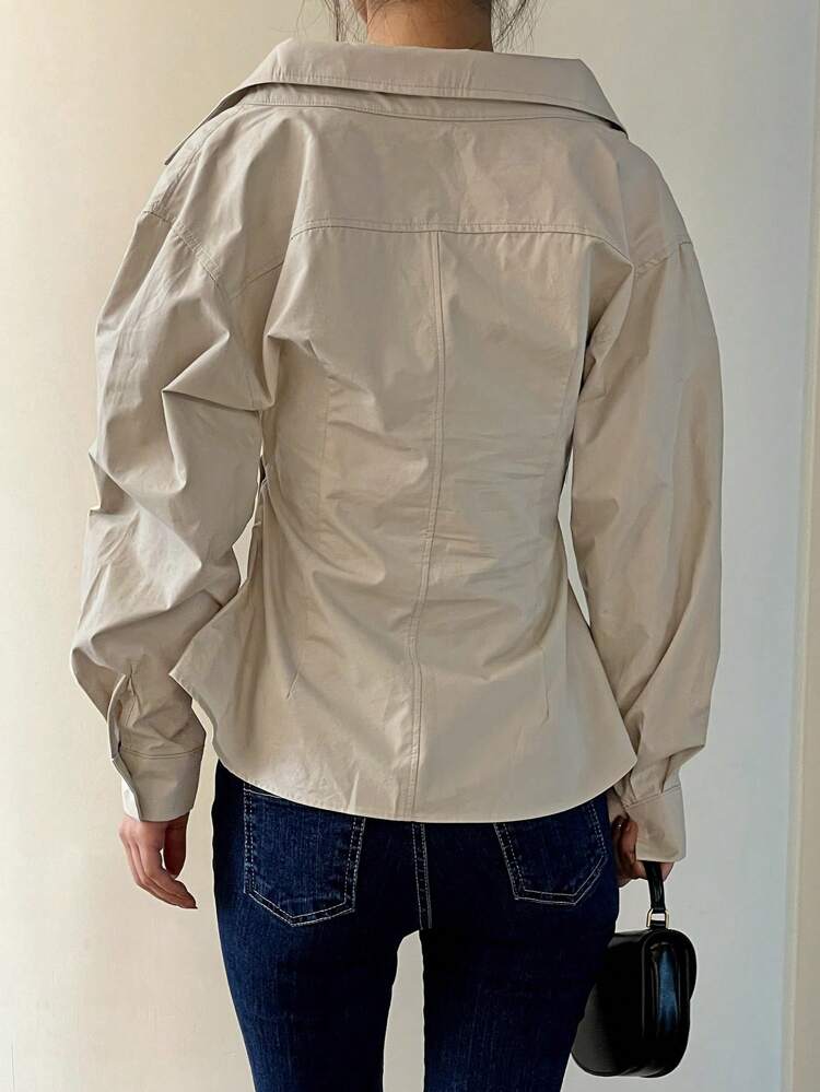 Women's Fashionable Solid Color Asymmetrical Hem Shirt With Lapel Collar Long Sleeve Top