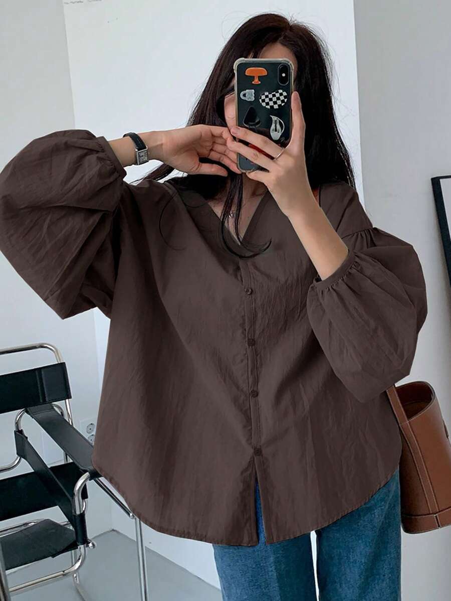 DAZY Ladies' Solid Color Simple Daily Long Sleeve Shirt,Fall Clothes - Coffee Brown - View 1