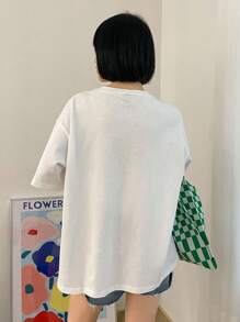 DAZY Letter Graphic Drop Shoulder Split Hem Tee Summer Oversized T-Shirt - White - View 6