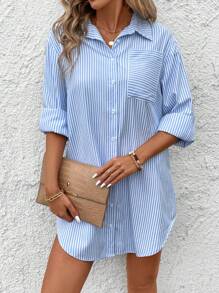 SHEIN LUNE Ladies Spring Summer Casual Blue & White Striped Shirt Dress With Asymmetrical Hem, Side Slit And Pockets,Pastel Dresses For Women - Blue and White - View 3