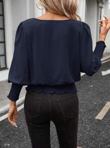SHEIN LUNE 女士休闲纯色纽扣七分袖衬衫，秋冬日常休闲基本款 - 藏蓝色 - 查看 2