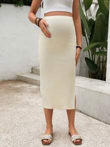 SHEIN Falda larga con abertura y cintura ajustable de unicolor para mujeres embarazadas, con estilo