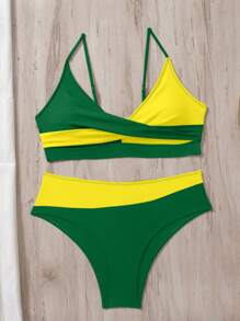 SHEIN Swim Springbreak 女士夏季海滩撞色交叉设计性感比基尼套装 - 彩色 - 查看 4