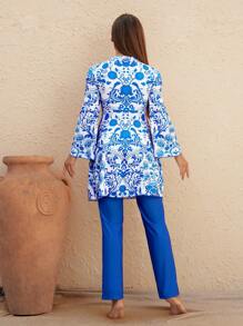 Swim Mulvari 2 Pieces Women Blue Floral Print Comfort Cut + Blue Wide Leg Swimsuit Burkini SetArabic Clothing For Summer Beach Vacation