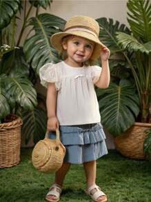 Baby Girls' 2pcs Set: Ribbed Mesh Puff Sleeve Top + Layered Ruffle Hem Skirt, Summer - Apricot - View 8
