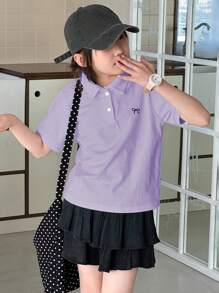 Dazy Kids Tween Girl Polo Collar Knit Short Sleeve Butterfly Print T-Shirt, Summer,Back To School Clothes - Purple - View 5