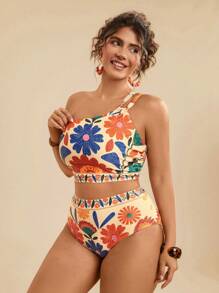 Travachic Plus Size Tropical Flower Print Beach Wear Swimwear 2pcs Set For Women, Asymmetric Neck & Hollow-Out Details, Casual For Summer Holiday Tank Tops