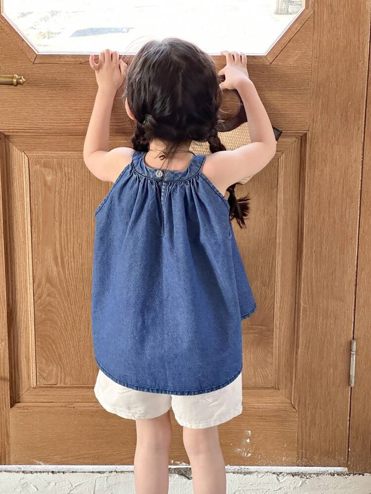 Sleeveless Halter Denim Top For Young Girl, Spring/Summer Vacation