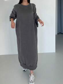 DAZY 纯色插肩袖运动衫裙、长袖上衣 - 灰色 - 查看 2