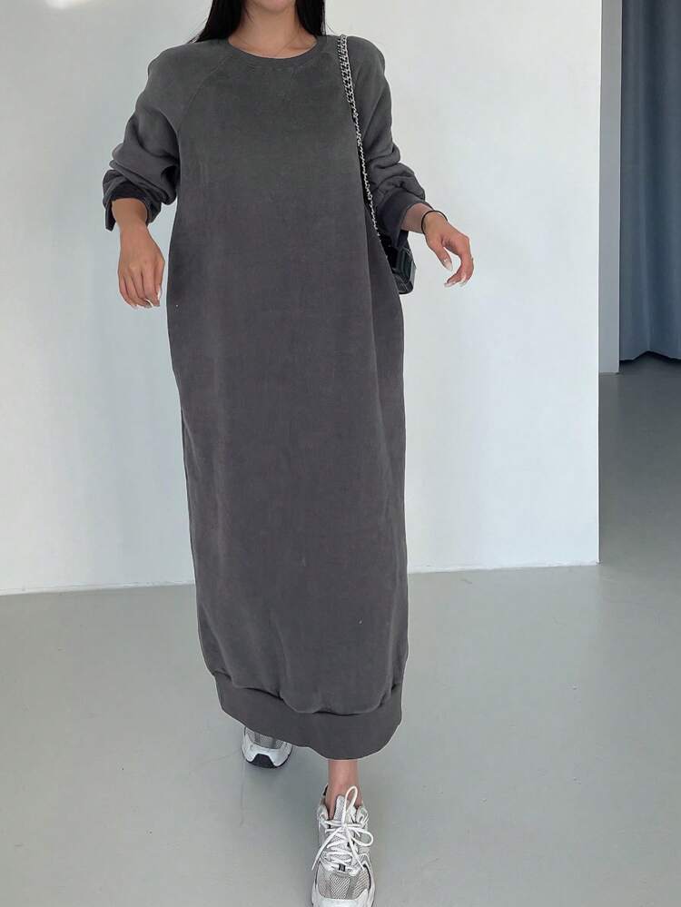 Solid Raglan Sleeve Sweatshirt Dress,Long Sleeve Tops