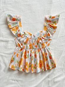 Soleia 女士夏季装、夏季上衣、女士西部装、外出上衣、女士音乐会、狂欢节、女士生日装、女士度假装、夏季女士浪漫花卉印花方领盖袖荷叶边下摆衬衫 - 彩色 - 查看 3