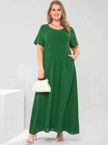 EMERY ROSE Plus Size Women Solid Color Round Neck Short Sleeve Pocketed Pleated Casual Dress Spring Outfits For Women Bridal Shower Dress White Elegant Sage Green