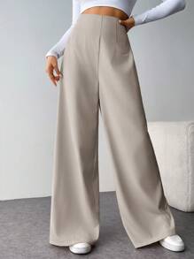 SHEIN Tall CURVE 大码女式简约休闲时尚高腰纹理阔腿裤，适合通勤