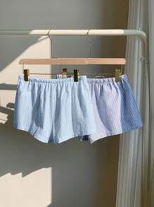 Comfortcana 2 件套女士新款亚麻条纹短裤 - 藍色 - 查看 3