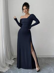 Siren Gaze 女士荷叶边腰单肩派对和节日连衣裙，长袖开衩紧身修身连衣裙，女士正装女士长袖连衣裙女士超长连衣裙女士蓝色连衣裙女士舞会礼服