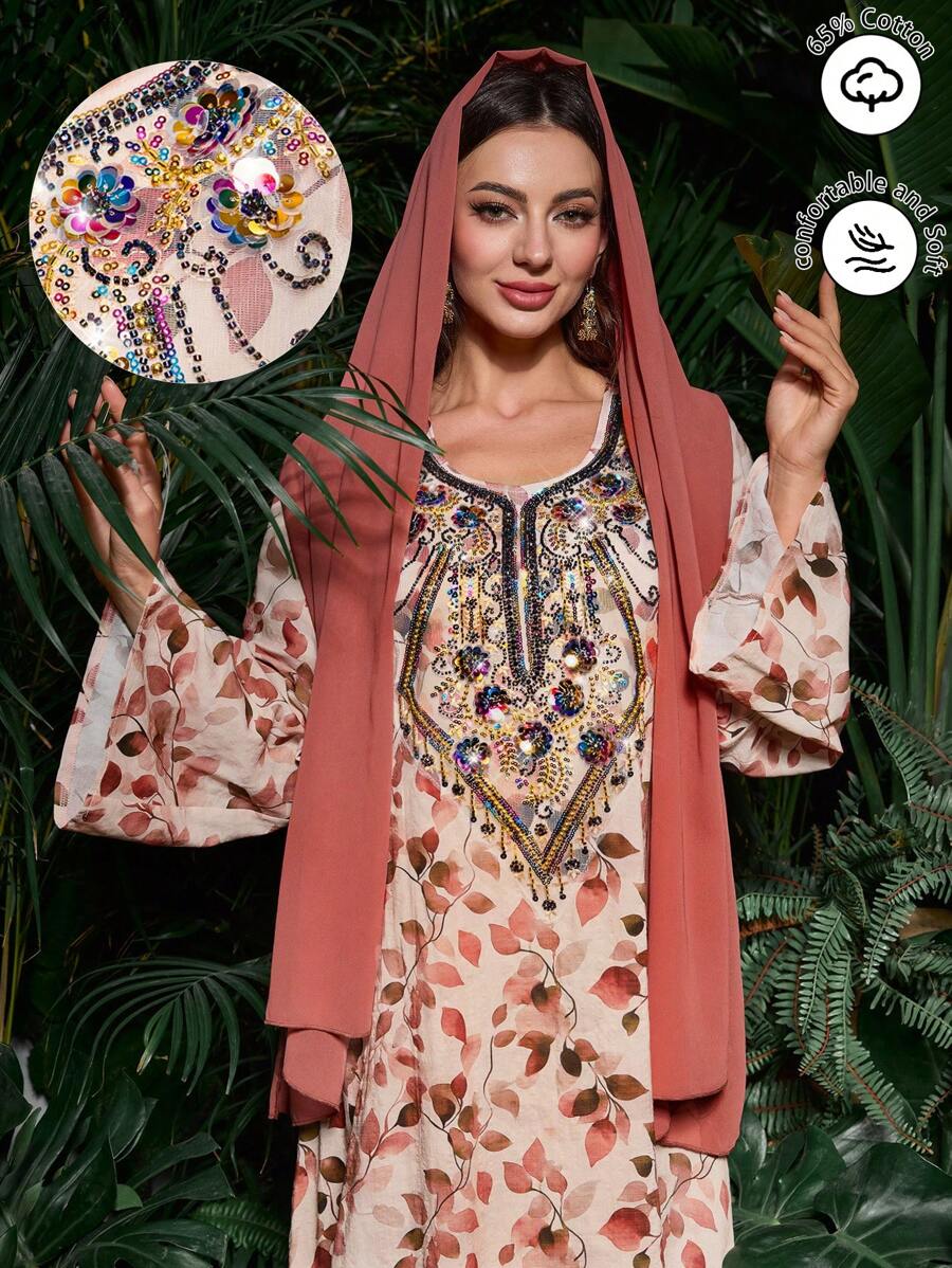 Al Najma Elegant Flare Sleeve Sequins Front Flounce Hem Arabic Style Women Long Dress, Spring/Summer, Arabian Dresses,Modest - Multicolor - View 1