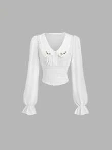 Sweetra Comfortable & Fashionable Embroidered Sweet Long Sleeve Blouse, Versatile For Everyday Wear - White - View 1
