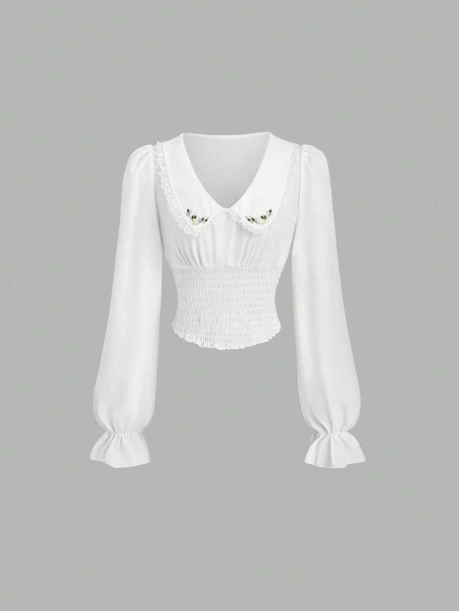 Sweetra Comfortable & Fashionable Embroidered Sweet Long Sleeve Blouse, Versatile For Everyday Wear - White - View 1