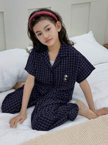 Dazy Kids Tween GirlsShort Sleeve, Checkered Print & Embroidery Pattern, Home/Loungewear Sets, Spring/Summer - Navy Blue - View 5