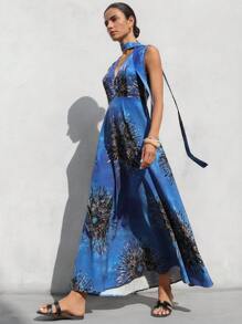 Aveloria Modichic 波西米亚风优雅度假优雅浪漫扎染花朵性感深 V 腰系带无袖连衣裙