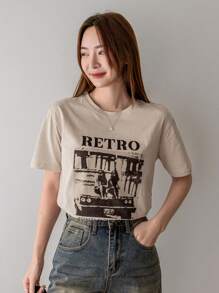 Dazy-Less 宽松短袖 T 恤，人物和字母印花，夏季，图案 T 恤，学院风上衣