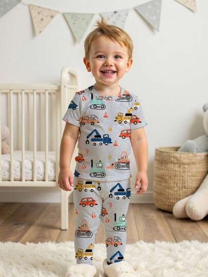 Baby Boy Car Pattern Casual Minimalist Fitted Round Neck Comfortable Short Sleeve & Pants Homewear, Snug Fit, Suitable For Spring & Summer Boys Baby Clothes Boy Baby Clothes Baby And Kids Boys Clothing Baby Clothes For Boy Baby Toddler Clothes