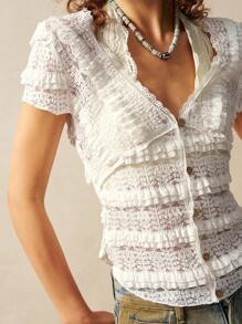 Bohemela Boho Solid Color V-Neck Short Sleeve Fitted Women Top